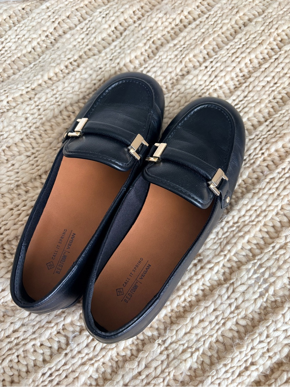 Black Vegan Leather Loafers with Gold Hardware NEW